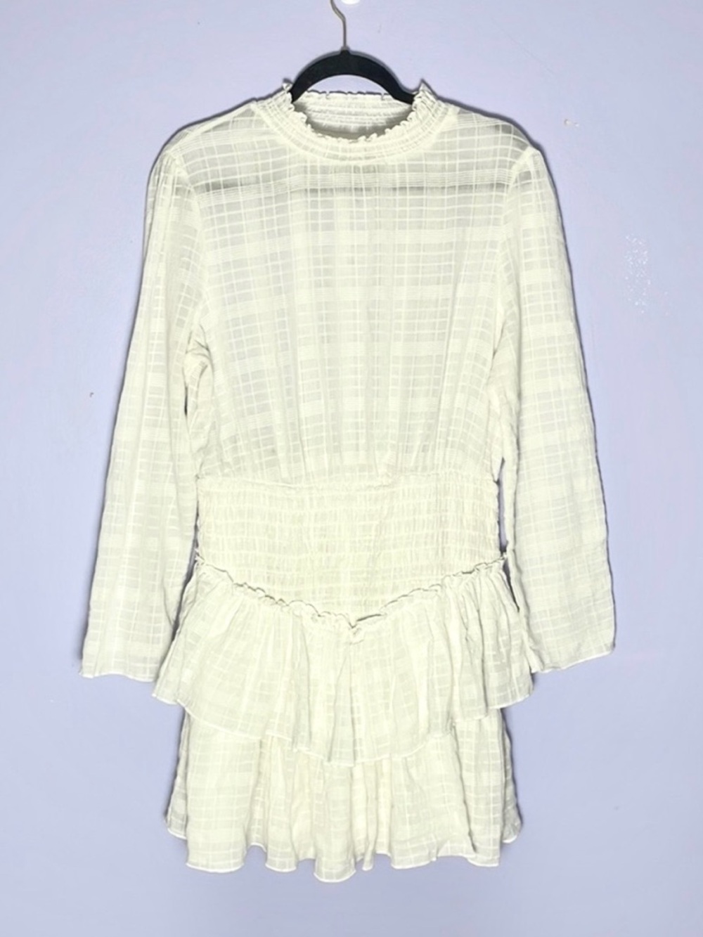 ASOS white high neck shirred waist mini dress ruffle long sleeve mock neck